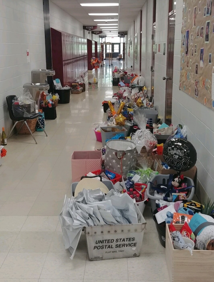 hallway full of gift baskets